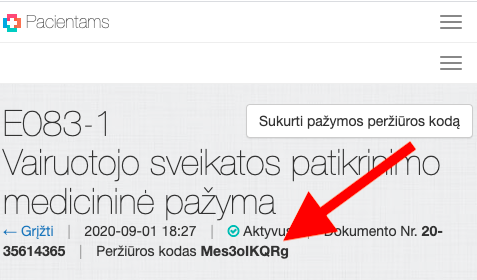 Vairuotojo medicininės pažymos peržiūros kodas